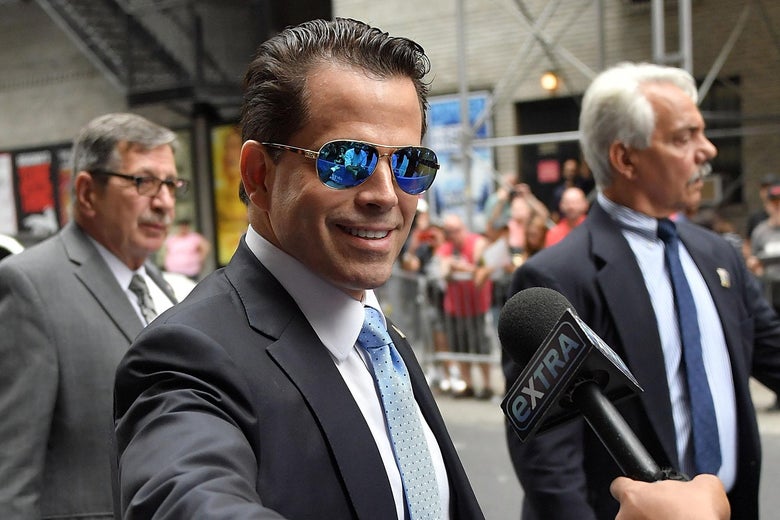 Anthony Scaramucci, in mirror shades, headed in to The Late Show with Stephen Colbert.